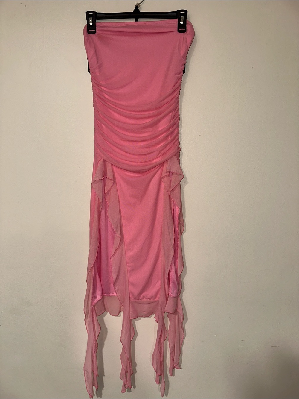 SHEIN Pink Strapless Ruched Chiffon Asymmetrical Dress